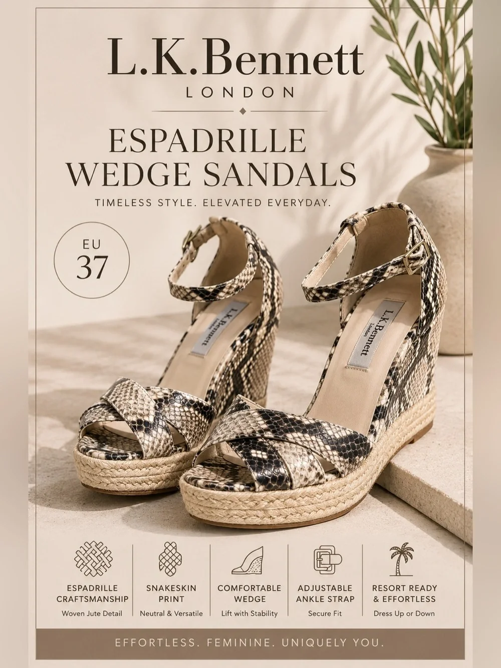 L.K. Bennett Snakeskin Print Espadrille Wedge Sandals EU 37